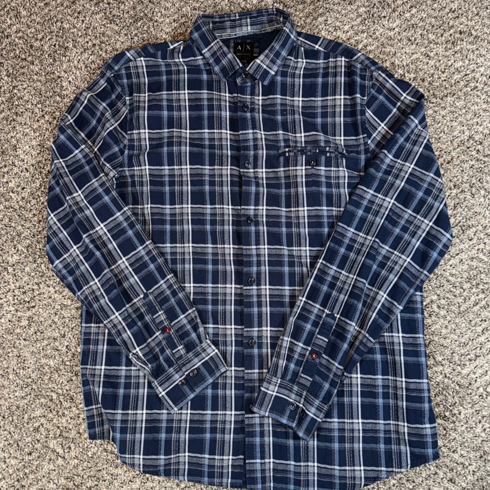 Armani Exchange Mens XL‎ Navy Blue Plaid Long Sleeve Button Up Shirt Regular Fit